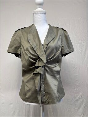 Ruffled Front Short-Sleeve Blouse — Olive Green